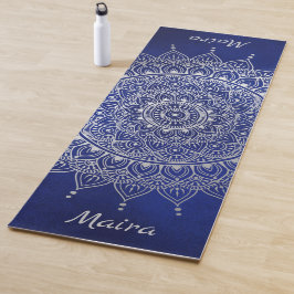 Elegant Silver auf Deep Blue Floral Henna Mandala Yogamatte