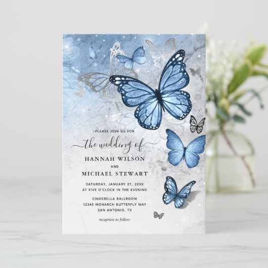 Elegant Silver Baby Blue Butterfly Wedding Einladung (Stehend Vorderseite)