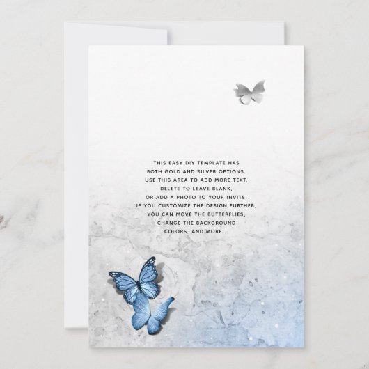 Elegant Silver Baby Blue Butterfly Wedding Einladung (Rückseite)