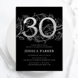 Elegant Silver Black 30. Geburtstag Einladung<br><div class="desc">Elegant silberschwarz 30. Geburtstag Party Einladung. Individuell anpassbares modernes feminines Design mit Rose botanischen Akzenten und Imitaten Glitzer Silber. Einfache florale Einladungskarte perfekt für eine stilvolle Damenfeier. Personalisieren Sie Ihre persönlichen Daten. Gedruckte Zazzle Einladungen oder Sofortdownload digitalen druckbaren Vorlage.</div>