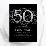 Elegant Silver Black 50. Geburtstag Einladung<br><div class="desc">Elegant silberschwarz 50. Geburtstagsfeier Einladung. Individuell anpassbares modernes feminines Design mit Rose botanischen Akzenten und Imitaten Glitzer Silber. Einfache florale Einladungskarte perfekt für eine stilvolle Damenfeier. Personalisieren Sie Ihre persönlichen Daten. Gedruckte Zazzle Einladungen oder Sofortdownload digitalen druckbaren Vorlage.</div>
