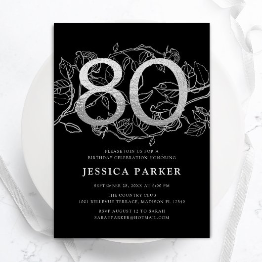 Elegant Silver Black 80. Geburtstag Einladung