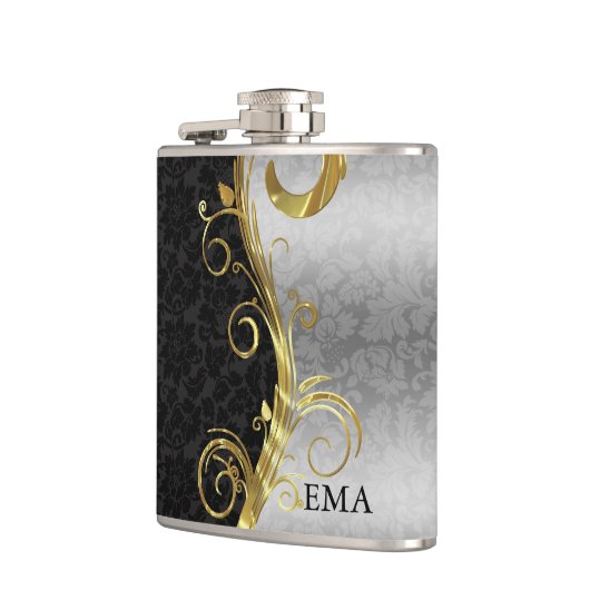 Elegant Silver Black Damask Flachmann (Links)