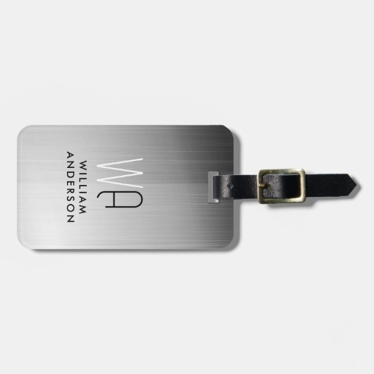 Elegant Silver & Black Metallic Brushed Monogram Gepäckanhänger (Vorderseite horizontal)