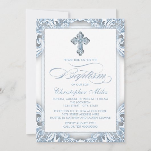 Elegant Silver Blue Baptisse Einladung (Vorderseite)