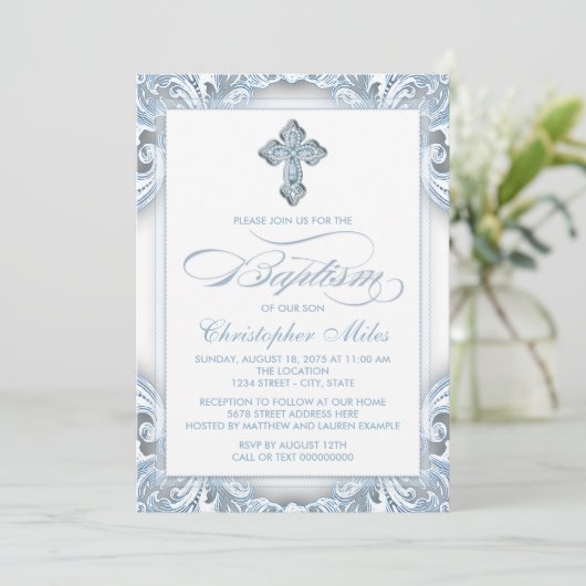 Elegant Silver Blue Baptisse Einladung (Stehend Vorderseite)