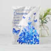 Elegant Silver & Blue Butterflies Quinceañera Einladung (Stehend Vorderseite)