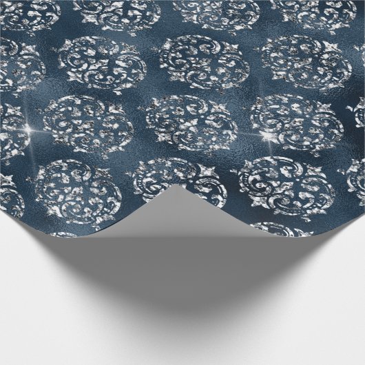 Elegant Silver Blue Damask Weihnachten Geschenkpapier (Ecke)