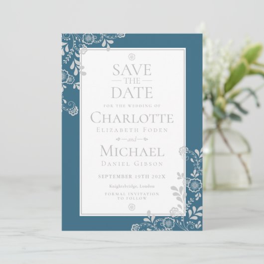 Elegant Silver Blue Floral Wedding Save the Date (Stehend Vorderseite)