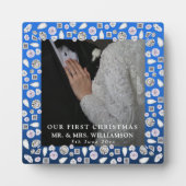 Elegant Silver Blue Heart Diamond Erste Weihnachte Fotoplatte (Vorderseite)