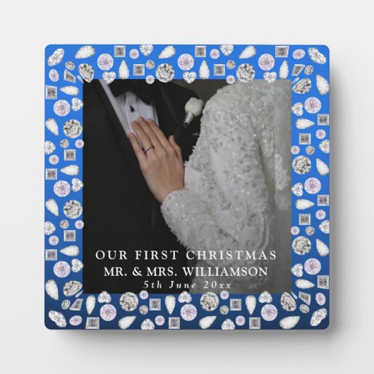 Elegant Silver Blue Heart Diamond Erste Weihnachte Fotoplatte (Vorderseite)