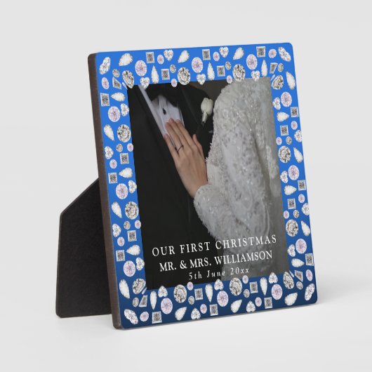 Elegant Silver Blue Heart Diamond Erste Weihnachte Fotoplatte (Vorderseite)