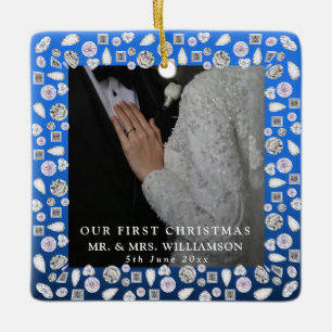 Elegant Silver Blue Heart Diamond Erste Weihnachte Keramikornament