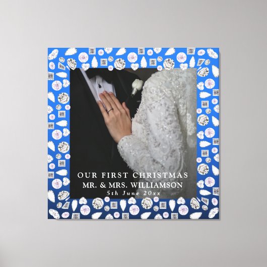 Elegant Silver Blue Heart Diamond Erste Weihnachte Leinwanddruck (Vorderseite)