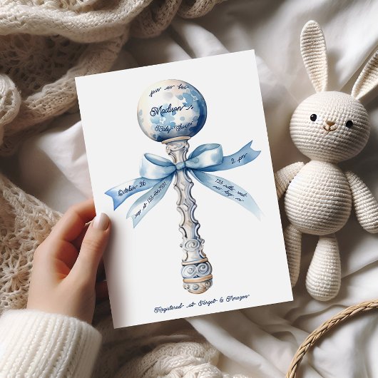 Elegant Silver Blue Rattle Bow Baby Shower Einladung