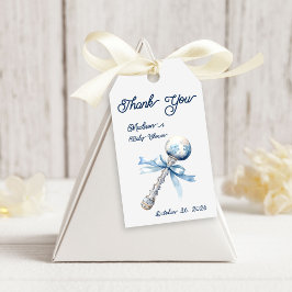 Elegant Silver Blue Rattle Bow Baby Shower Geschenkanhänger