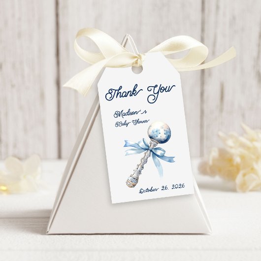 Elegant Silver Blue Rattle Bow Baby Shower Geschenkanhänger