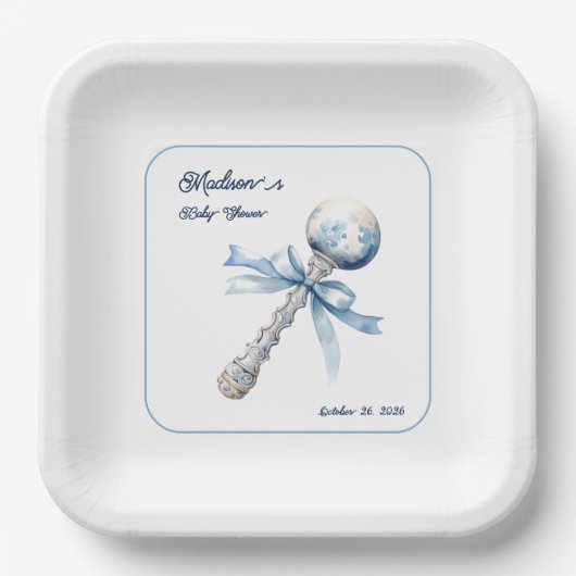 Elegant Silver Blue Rattle Bow Baby Shower Pappteller (Vorderseite)