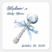 Elegant Silver Blue Rattle Bow Baby Shower Quadratischer Aufkleber (Vorderseite)