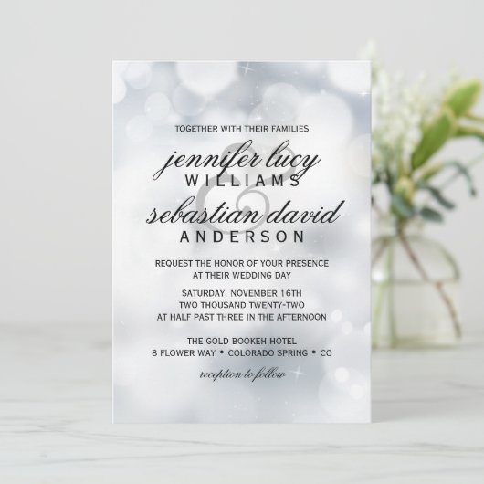 Elegant Silver Bokeh Light Chic Wedding Einladung (Stehend Vorderseite)