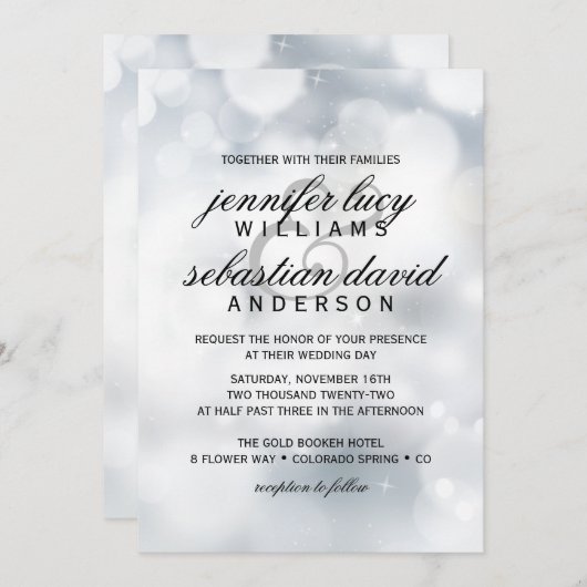 Elegant Silver Bokeh Light Chic Wedding Einladung (Vorne/Hinten)