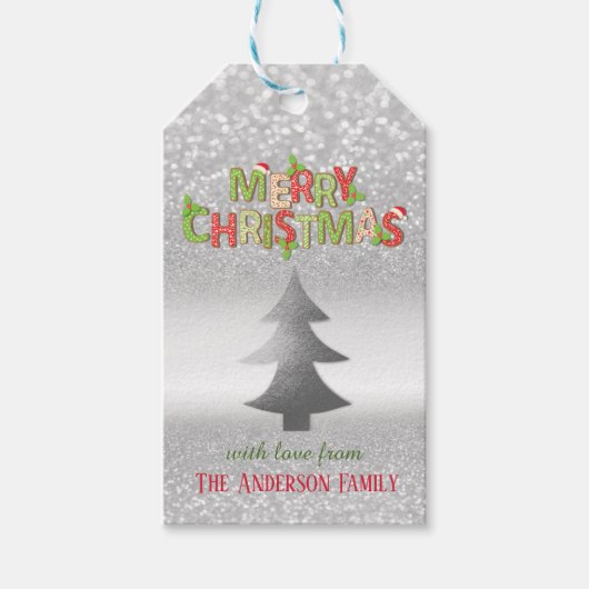 Elegant Silver Bokeh Weihnachtsbaum Geschenkanhänger (Vorderseite)