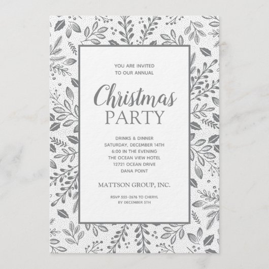 Elegant Silver Botanicals Christmas Party Einladung (Vorderseite)