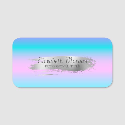 Elegant Silver Brush Stroke, Ombre Holographic Namensschild (Vorderseite)