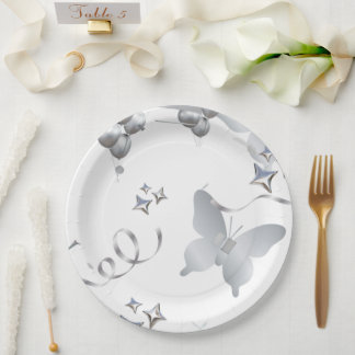 Elegant Silver Butterfly Wedding Paper Plate | Min Pappteller