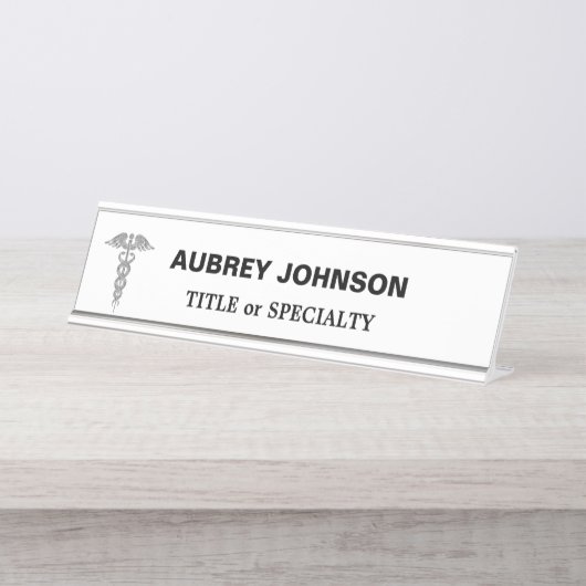 Elegant Silver Caduceus auf Weiß Schreibtischnamensplakette (Vorderseite )