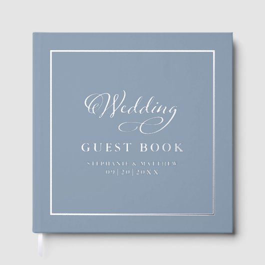 Elegant Silver Calligraphy Wedding Chic Dusty Blue Gästebuch (Vorderseite)