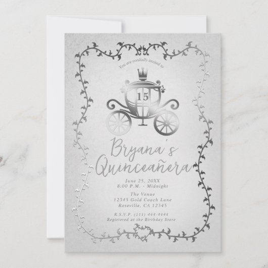 Elegant Silver Carriage Storybook Quinceañera Einladung (Vorderseite)