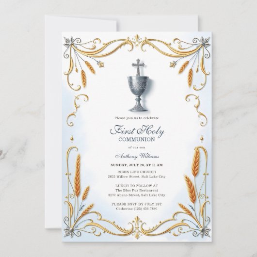 Elegant Silver Chalice Boy Erste Heilige Kommune Einladung (Vorderseite)