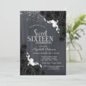 Elegant Silver Confetti Black Rose Sweet 16 Einladung (Stehend Vorderseite)