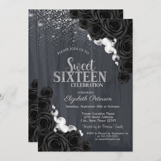 Elegant Silver Confetti Black Rose Sweet 16 Einladung (Vorne/Hinten)