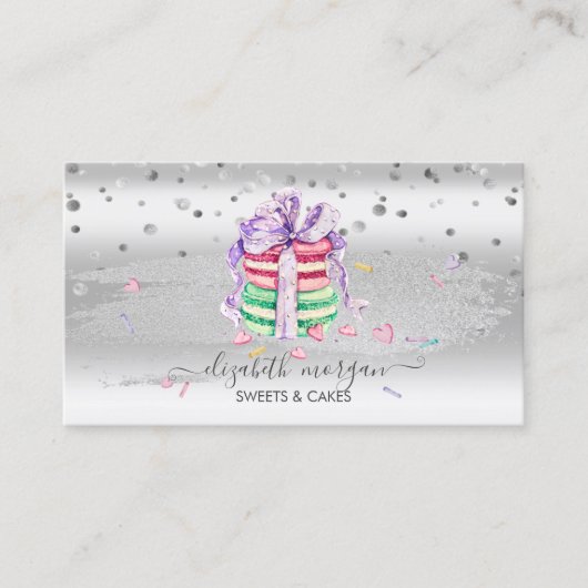 Elegant Silver Confetti, Pinselstriche, Macarons Visitenkarte (Vorderseite)