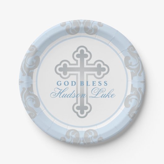 Elegant Silver Cross Blue Damask Baby Boy Baptisse Pappteller (Vorderseite)