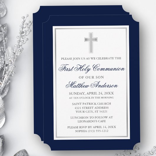 Elegant Silver Cross Blue First Communion Einladung