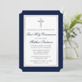 Elegant Silver Cross Blue First Communion Einladung (Stehend Vorderseite)