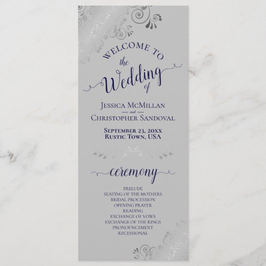 Elegant Silver Curls Navy Blue on Gray Wedding Programm (Vorderseite)