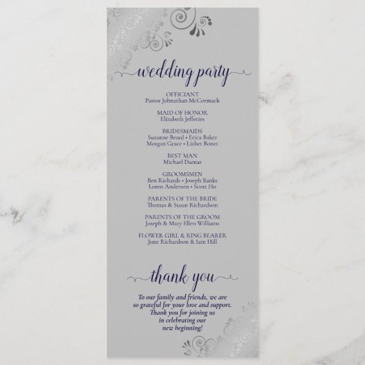 Elegant Silver Curls Navy Blue on Gray Wedding Programm (Rückseite)