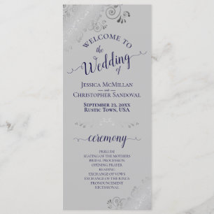Elegant Silver Curls Navy Blue on Gray Wedding Programm