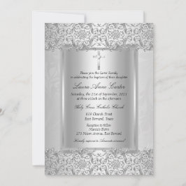 Elegant Silver Damask Cross Baptism/Christening Einladung