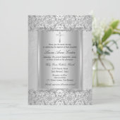 Elegant Silver Damask Cross Baptism/Christening Einladung (Stehend Vorderseite)