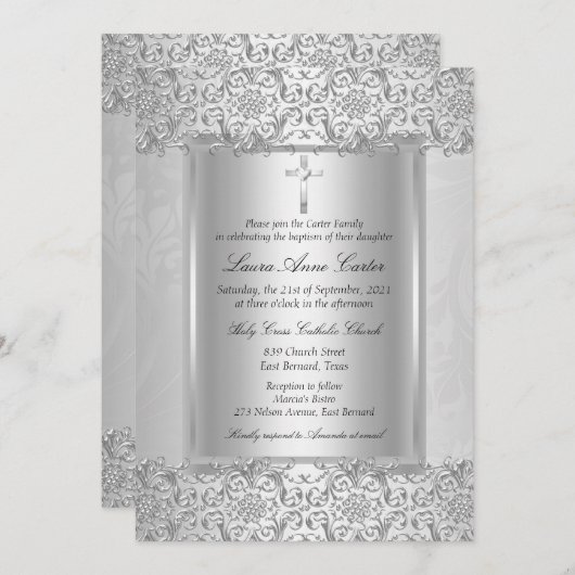Elegant Silver Damask Cross Baptism/Christening Einladung (Vorne/Hinten)