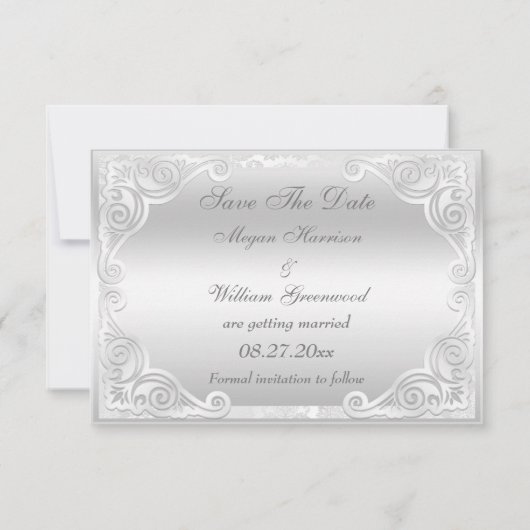 Elegant Silver Damask Hochzeit Save the Date (Rückseite)