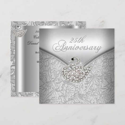 Elegant Silver Damask White Swan 25-jähriges Jubil Einladung (Vorne/Hinten)