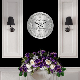 Elegant Silver Diamonds 25. Hochzeitstag Große Wanduhr