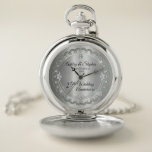 Elegant Silver Diamonds 25. Hochzeitstag  Taschenuhr<br><div class="desc">Opulente Eleganz umrahmt dieses 25-jährige Hochzeitsstipendesign in einem einzigartigen geschmolzenen Diamantendesign mit Mitte-Teardrop-Diamant mit Imitaten, die Glitzern auf einem silberfarbenen Farbverlauf hinzufügen. Originelles Design von Holiday Hearts Designs (Rechte vorbehalten). Bitte beachten Sie, dass alle Verzierungen bedruckt sind und nur in flacher, bedruckter Ausführung so real wie möglich erscheinen. Dazu gehören...</div>