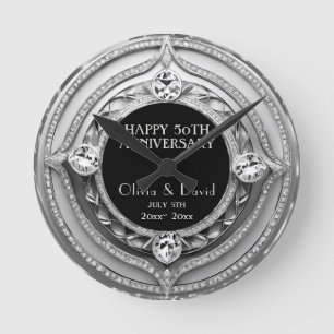 Elegant Silver Diamonds Wedding Anniversary Runde Wanduhr